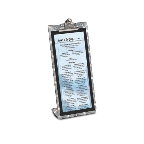 A Menu Solutions Alumitique aluminum table tent with a menu clipped to it.