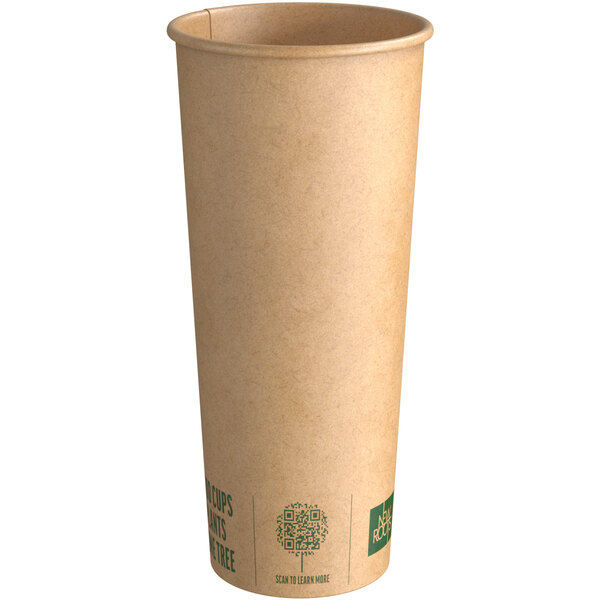 A brown New Roots compostable paper hot cup with green text on it.
