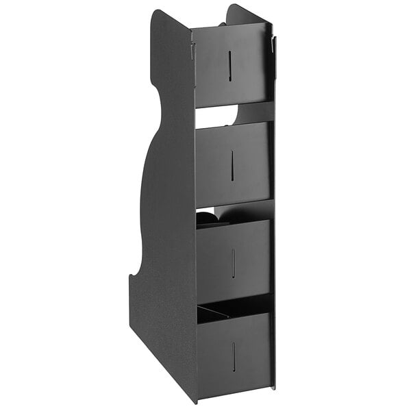 A black metal vertical countertop condiment organizer with 8 sections.