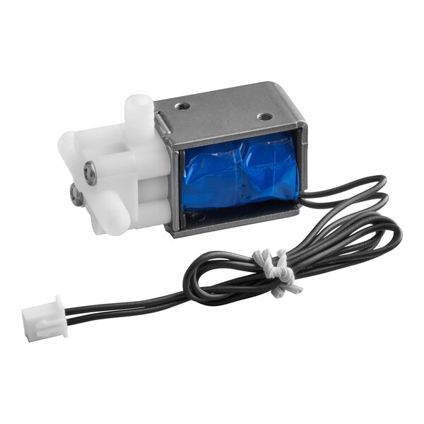 A solenoid valve with a metal casing, plastic fittings, and an attached electrical wire, designed for use in specific VacPak-It vacuum packaging machines.