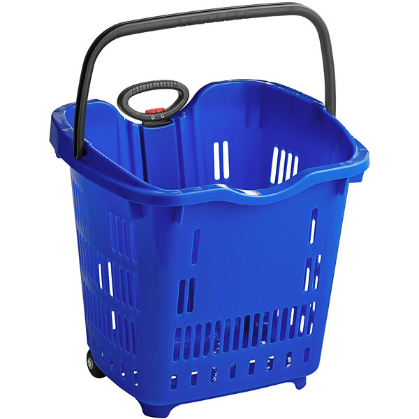A Regency blue plastic shopping basket with black handles.