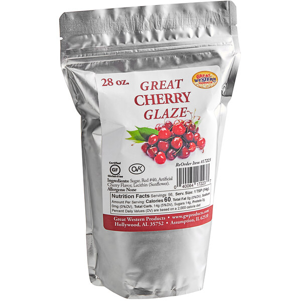 A white bag of Great Western Cherry Popcorn Glaze with a label.