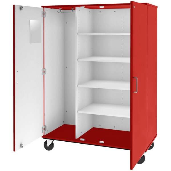 A red metal storage cabinet with shelves and wheels.