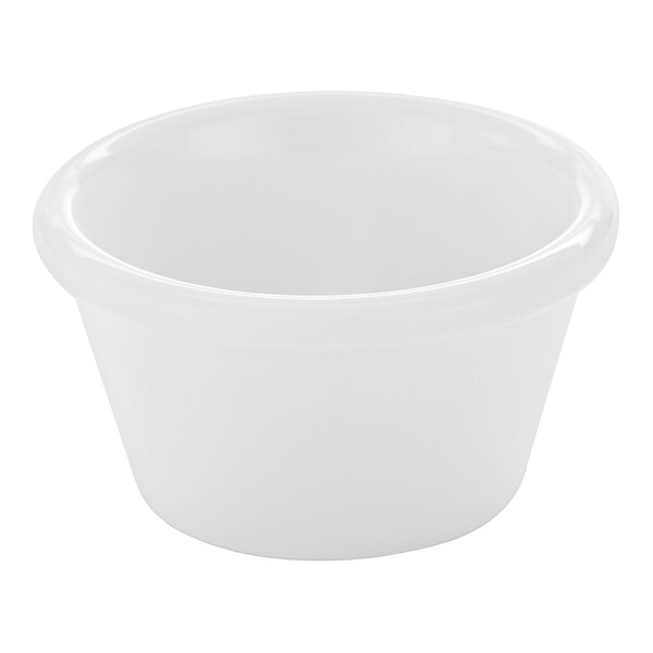 A small, smooth, white bowl with slightly flared sides and a rounded rim.