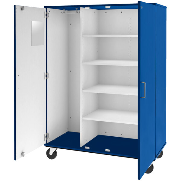 A royal blue I.D. Systems mobile storage cabinet with shelves and wheels.