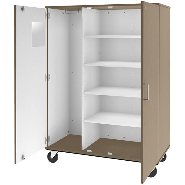 A brown and white I.D. Systems mobile storage cabinet with shelves and wheels.