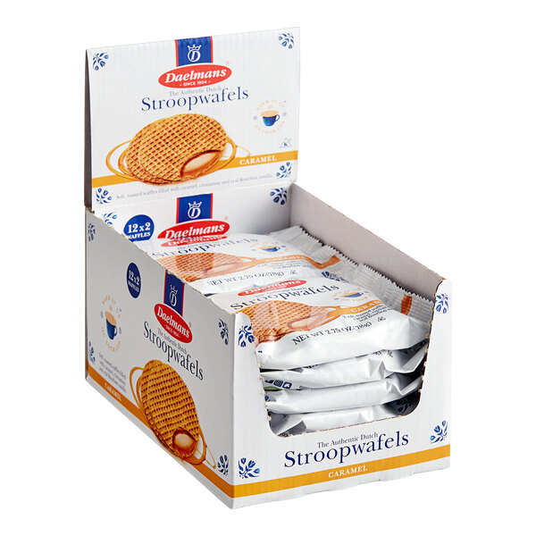 A white box of Daelmans caramel stroopwafels.