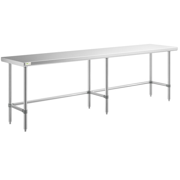 A Regency stainless steel rectangular work table with metal legs.