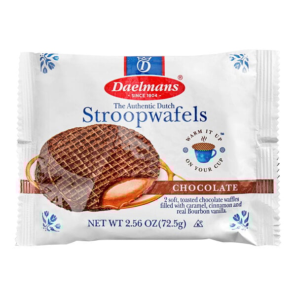 A package of Daelmans chocolate stroopwafels.
