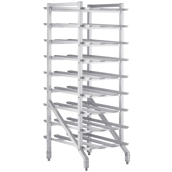 A white metal rack with metal shelves.