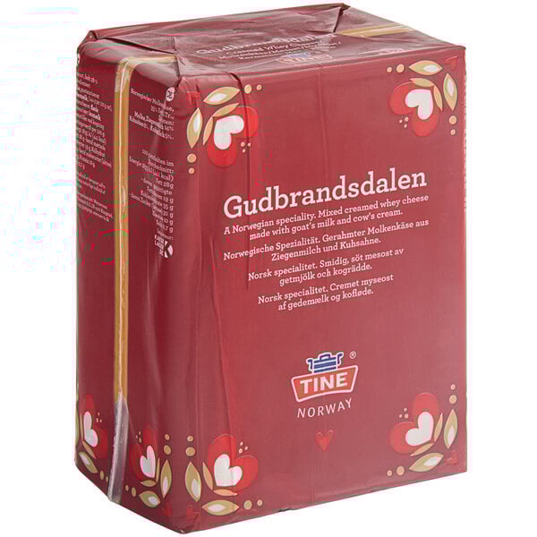 A red package of Imported Norwegian Gjetost cheese with white text and hearts.