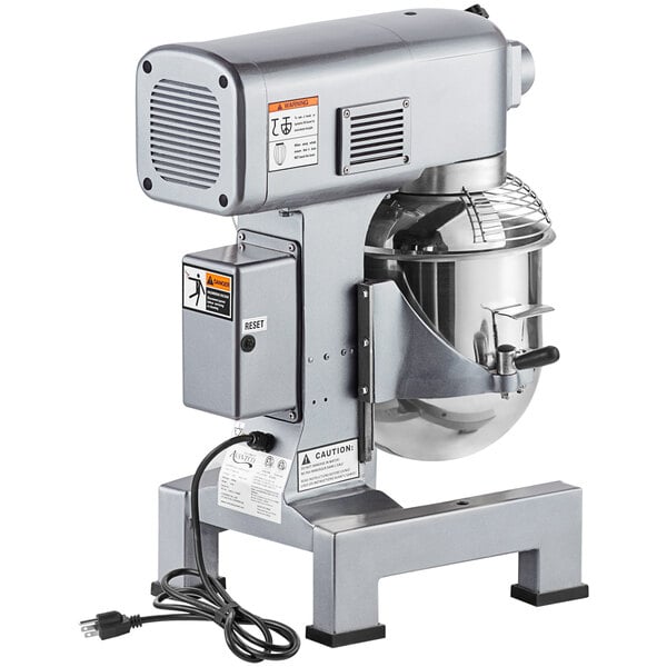 An Avantco commercial stand mixer with a metal stand and standard accessories.