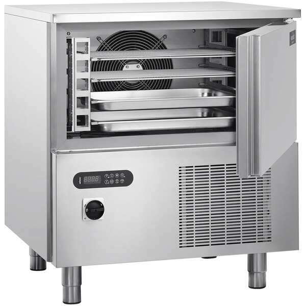 A stainless steel Eurodib Gemm blast chiller with a door open.