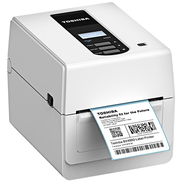 A Toshiba BV410D barcode printer with white finish printing a label.