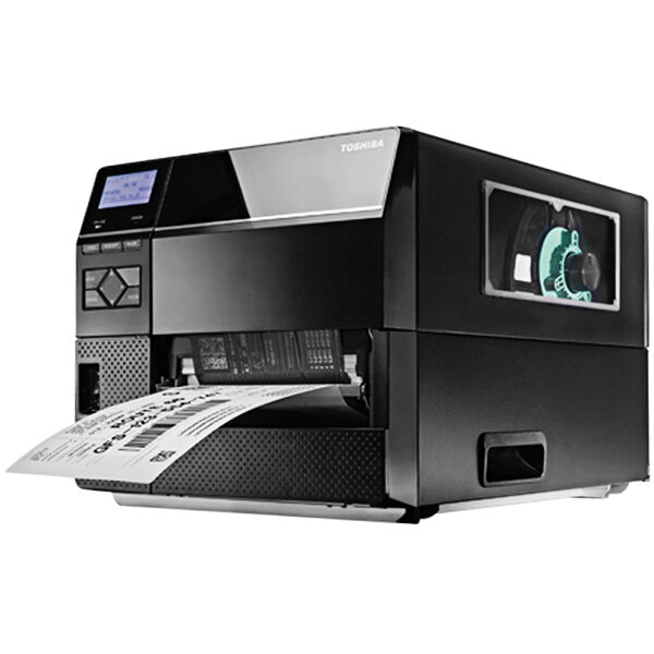 A close-up of a black Toshiba BEX6T1 printer with a label on it.