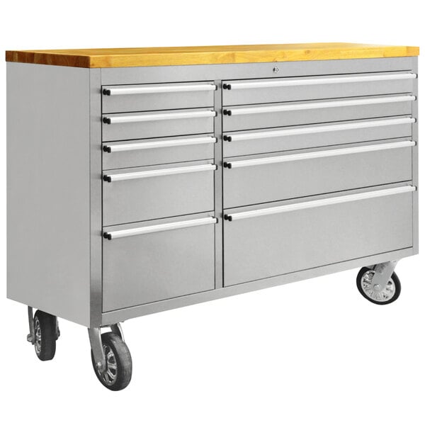 An Omcan mobile work table with a wooden top and metal drawers.