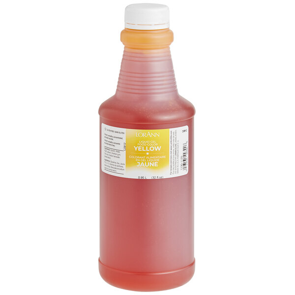 A bottle of LorAnn Oils yellow liquid gel food coloring with a white label.