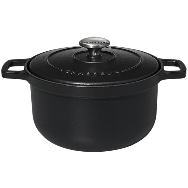 A black Chasseur enameled cast iron pot with a lid.