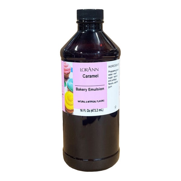 A 16 fl. oz. bottle of LorAnn Caramel Bakery Emulsion with a label.