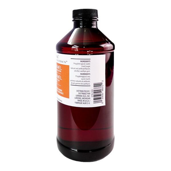 A 16 fl. oz. bottle of LorAnn Oils Caramel Bakery Emulsion with a black cap and labeled ingredients.