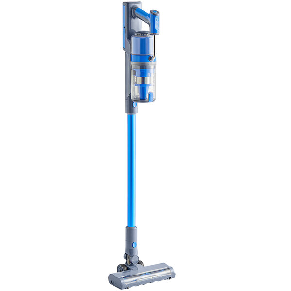 A blue and silver Lavex cordless stick vacuum.