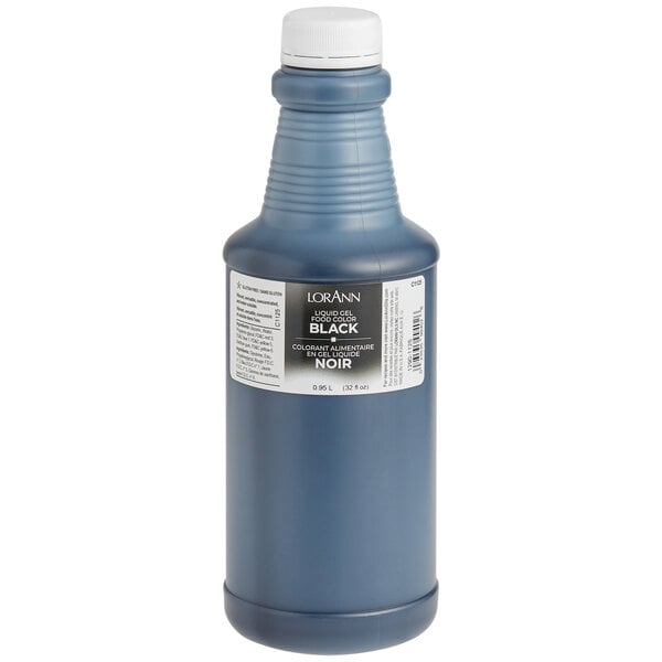 A close up of a blue bottle of LorAnn Oils Black Liquid Gel Food Coloring with a white label.