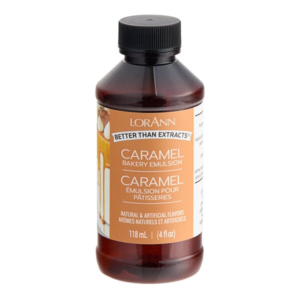 A close up of a bottle of LorAnn Oils Caramel Bakery Emulsion.