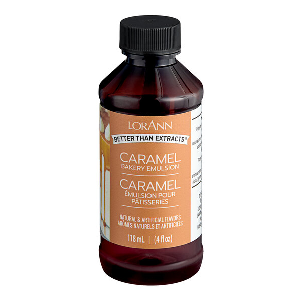 A 4 fl. oz. bottle of LorAnn Oils Caramel Bakery Emulsion.