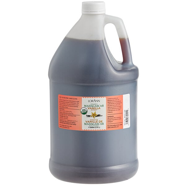 A plastic jug of LorAnn Oils Organic Madagascar Vanilla Extract with a white cap and label.