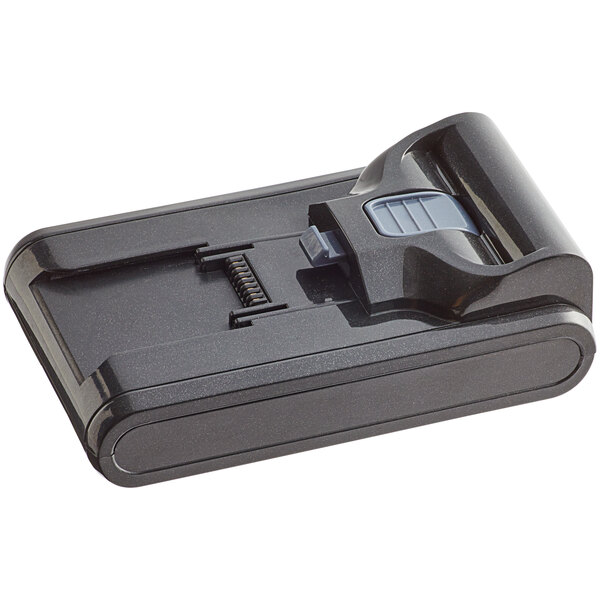 A grey Lavex Pro battery for a stick vacuum with a black rectangular battery charger.