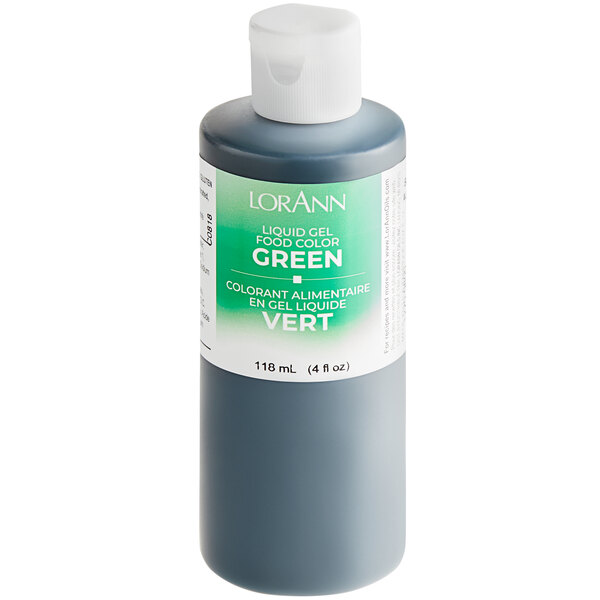 A bottle of LorAnn Oils green liquid gel food coloring.