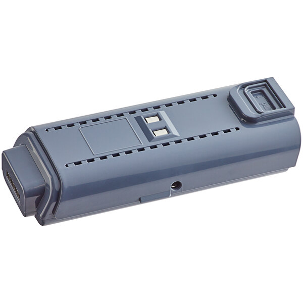 A gray rectangular Lavex stick vacuum battery with buttons.
