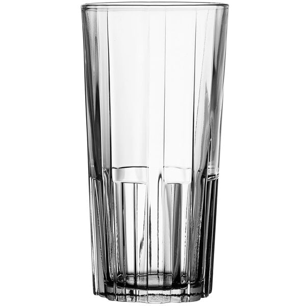 A Duralex Jazz highball glass with a black rim on a white background.