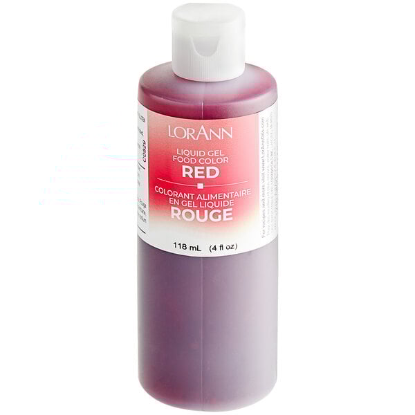 A close-up of a bottle of LorAnn Oils Red Liquid Gel Food Coloring with a white cap.