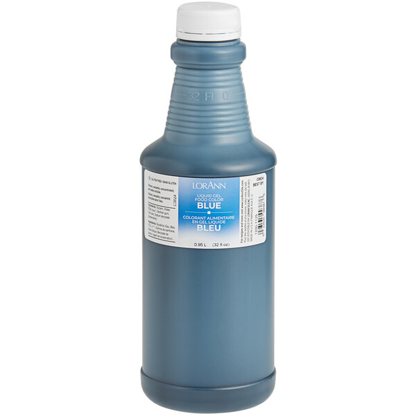 A blue bottle of LorAnn Oils Blue Liquid Gel Food Coloring with a label.