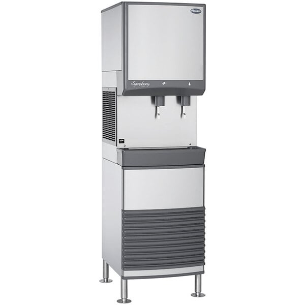 A stainless steel Follett ice machine stand with a dispenser.