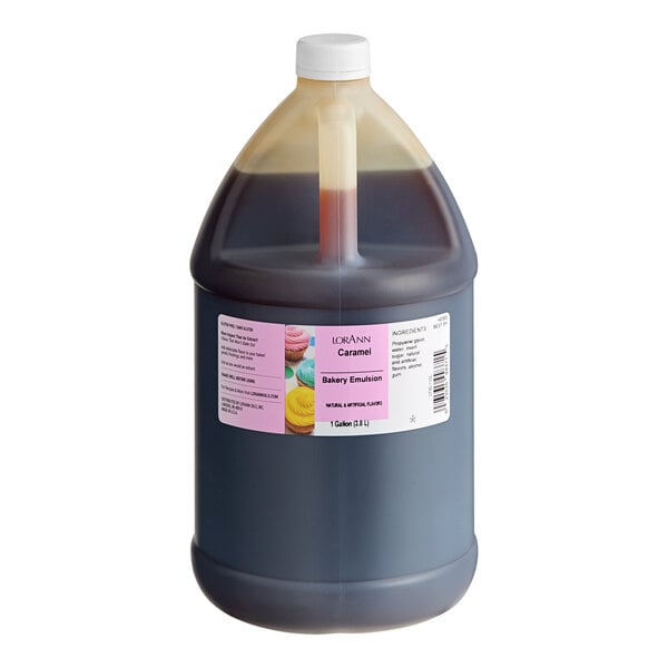 A large jug of LorAnn Oils Caramel Bakery Emulsion with a white cap.