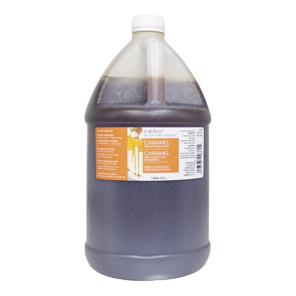A 1-gallon jug of LorAnn Oils Caramel Bakery Emulsion.