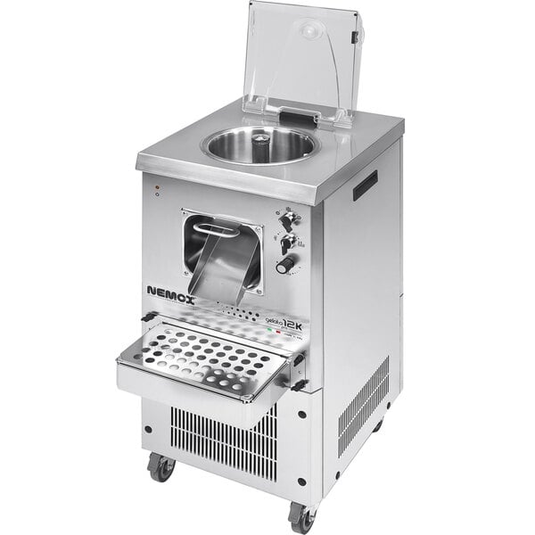 A Nemox silver air cooled batch freezer on wheels.