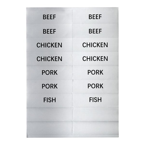 A sheet of adhesive labels with the words BEEF, CHICKEN, PORK, and FISH printed on them, used for identifying meat types in food carriers.