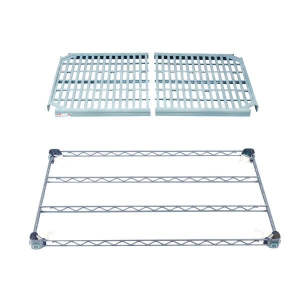 A MetroMax Q metal shelf with a couple of parts including a metal grate and metal beams.