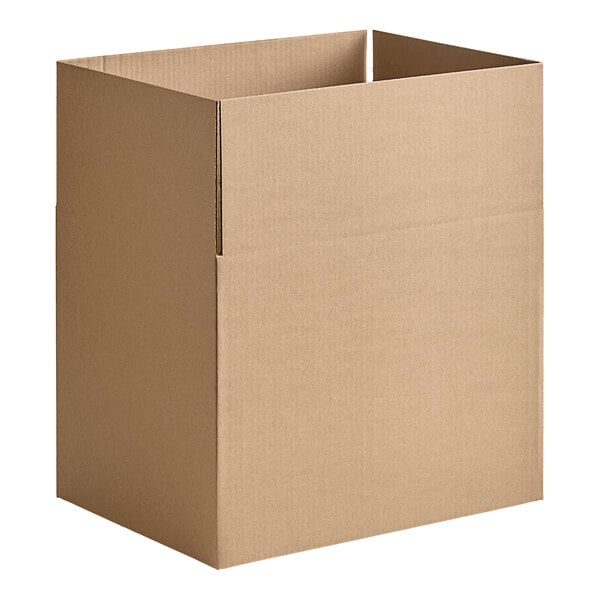 A Lavex Kraft cardboard shipping box with the top open.