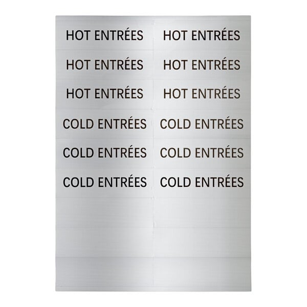 A sheet of adhesive labels reading 'HOT ENTRÉES' and 'COLD ENTRÉES' for use with front-loading pan carriers.