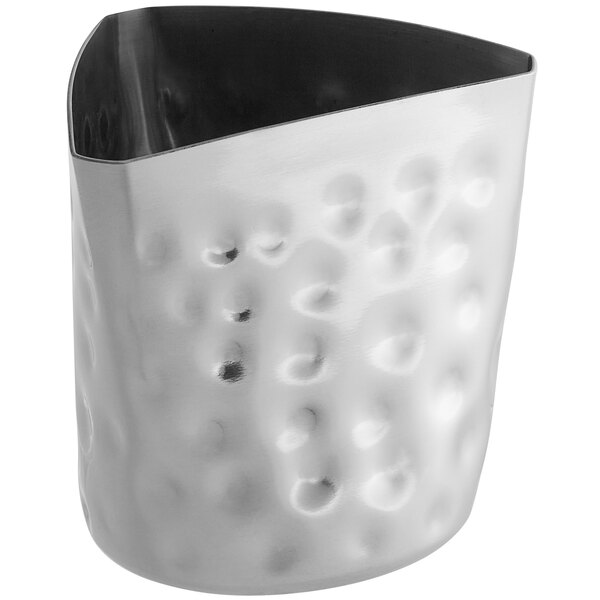 A Tablecraft stainless steel fry cup with a textured surface.