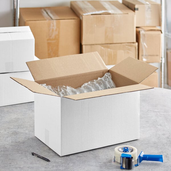 A close-up of a white Lavex cardboard shipping box.