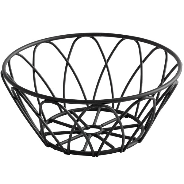a black wire basket with a white background