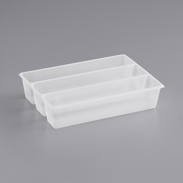 A white plastic container with three compartments.