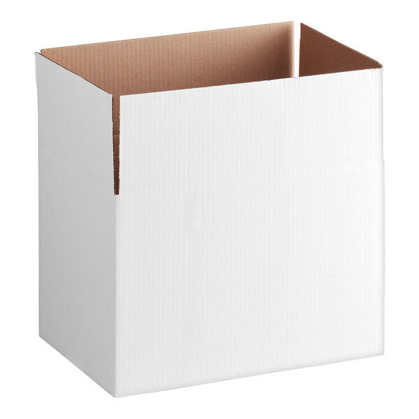 A white corrugated shipping box with open top and brown interior.