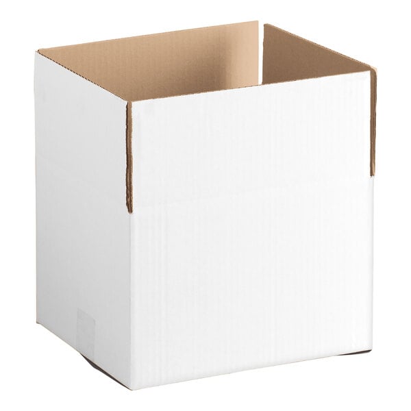 A white corrugated shipping box with open top and brown interior.