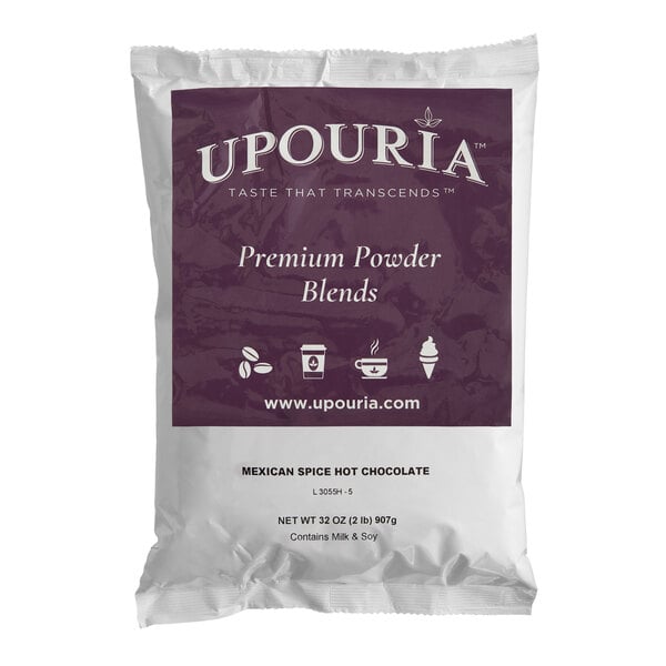 A white package of UPOURIA Mexican Spice Hot Chocolate Mix with a purple label.